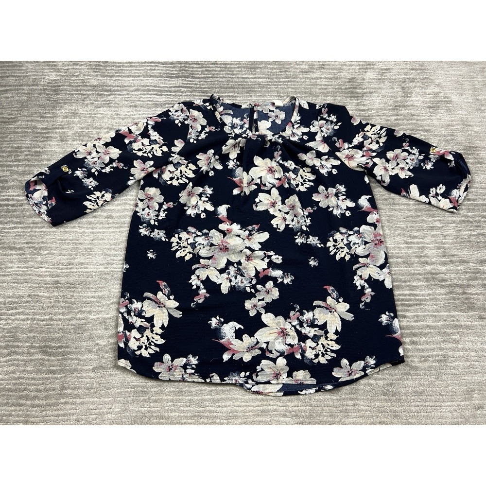 Brendas Top Womens Large Black Floral 3/4 Sleeve Made in USA Casual
